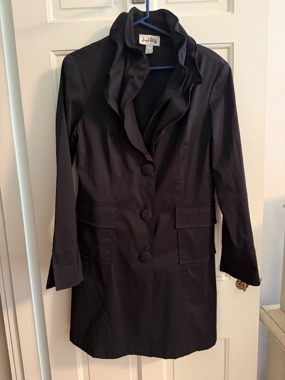 3 Joseph Ribkoff Black Ruffle-Collar Coats, one pink, one black, one burgundy